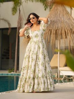 Stylum - Off White Floral Printed Rayon Tiered Dress