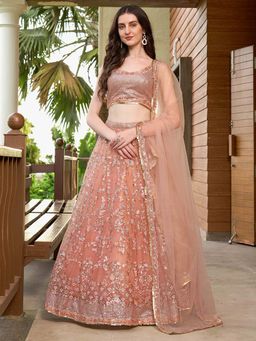 Ethnovog - Peach Embroidered Semi Stitched Lehenga and Unstitched Blouse with Dupatta (Set of 3)