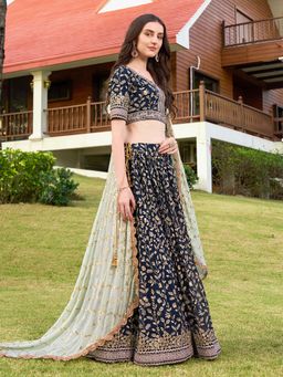 Ethnovog - Navy Blue Embroidered Semi Stitched Lehenga and Unstitched Blouse with Dupatta (Set of 3)