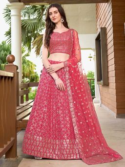 Ethnovog - Pink Embroidered Semi Stitched Lehenga and Unstitched Blouse with Dupatta (Set of 3)