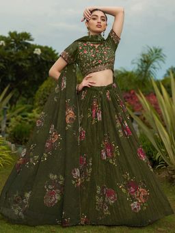Ethnovog - Green Embroidered Semi Stitched Lehenga and Unstitched Blouse with Dupatta (Set of 3)