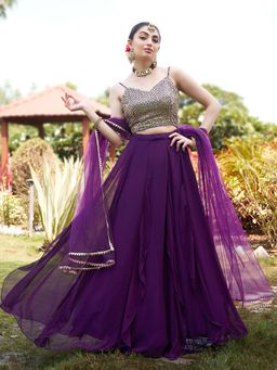 Ethnovog - Purple Semi Stitched Lehenga and Unstitched Blouse with Dupatta (Set of 3)