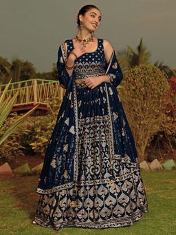 Ethnovog - Blue Semi Stitched Lehenga and Unstitched Blouse with Dupatta (Set of 3)