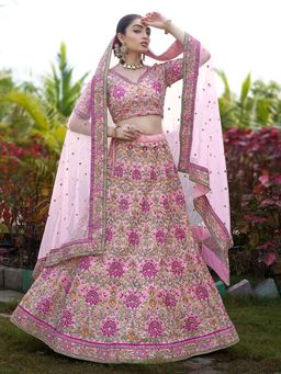 Ethnovog - Pink Semi Stitched Embroidered Lehenga and Unstitched Blouse with Dupatta (Set of 3)