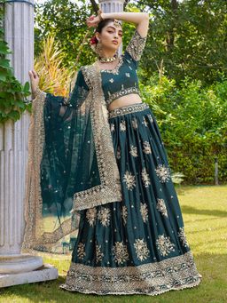 Ethnovog - Teal Embroidered Semi Stitched Lehenga and Unstitched Blouse with Dupatta (Set of 3)