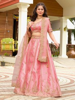 Ethnovog - Pink Embroidered Semi Stitched Lehenga and Unstitched Blouse with Dupatta (Set of 3)