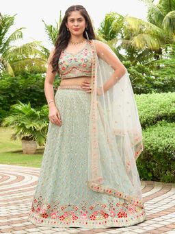 Ethnovog - Green Semi Stitched Lehenga and Unstitched Blouse with Dupatta (Set of 3)
