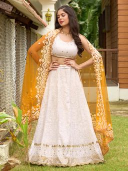 Ethnovog - White Embroidered Semi Stitched Lehenga and Unstitched Blouse with Dupatta (Set of 3)