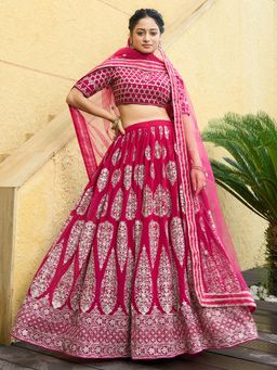 Ethnovog - Magenta Embroidered Semi Stitched Lehenga and Unstitched Blouse with Dupatta (Set of 3)