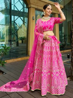Ethnovog - Pink Embroidered Semi Stitched Lehenga and Unstitched Blouse with Dupatta (Set of 3)