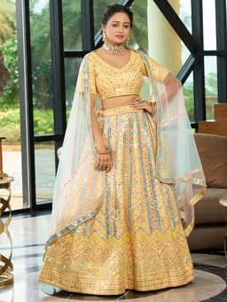 Ethnovog - Yellow Embroidered Semi Stitched Lehenga and Unstitched Blouse with Dupatta (Set of 3)