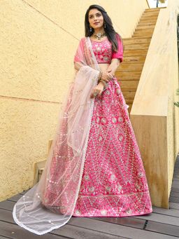 Ethnovog - Pink Embroidered Semi Stitched Lehenga and Unstitched Blouse with Dupatta (Set of 3)
