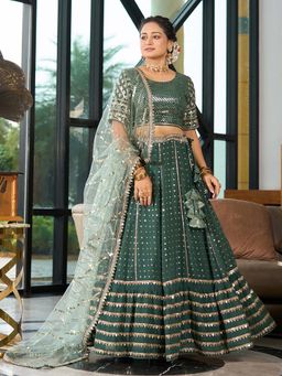 Ethnovog - Green Semi Stitched Lehenga and Unstitched Blouse with Dupatta (Set of 3)