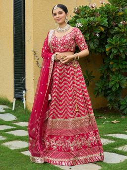 Ethnovog - Red Embroidered Semi Stitched Lehenga and Unstitched Blouse with Dupatta (Set of 3)