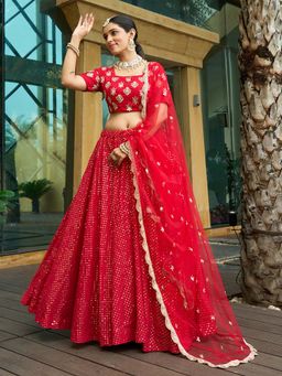 Ethnovog - Red Embroidered Semi Stitched Lehenga and Unstitched Blouse with Dupatta (Set of 3)