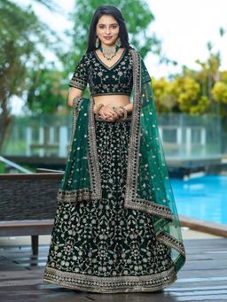 Ethnovog - Green Embroidered Semi Stitched Lehenga and Unstitched Blouse with Dupatta (Set of 3)
