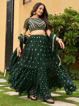 Ethnovog - Green Embroidered Semi Stitched Lehenga and Unstitched Blouse with Dupatta (Set of 3)