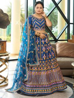 Ethnovog - Blue Embroidered Semi Stitched Lehenga and Unstitched Blouse with Dupatta (Set of 3)