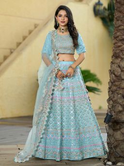 Ethnovog - Blue Embroidered Semi Stitched Lehenga and Unstitched Blouse with Dupatta (Set of 3)