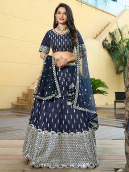 Ethnovog - Navy Blue Embroidered Semi Stitched Lehenga and Unstitched Blouse with Dupatta (Set of 3)