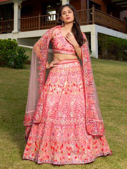 Ethnovog - Pink Embroidered Semi Stitched Lehenga and Unstitched Blouse with Dupatta (Set of 3)