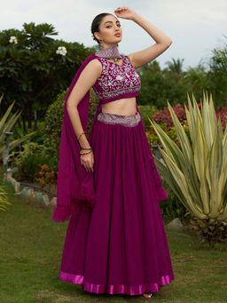 Ethnovog - Wine Embroidered Semi Stitched Lehenga and Unstitched Blouse with Dupatta (Set of 3)