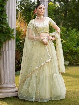 Ethnovog - Green Embroidered Semi Stitched Lehenga and Unstitched Blouse with Dupatta (Set of 3)