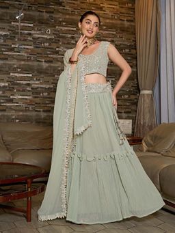 Ethnovog - Green Embroidered Semi Stitched Lehenga and Unstitched Blouse with Dupatta (Set of 3)
