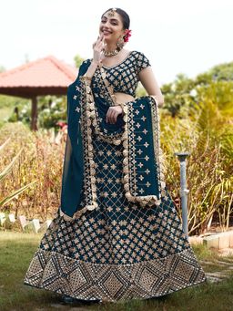 Ethnovog - Teal Embroidered Semi Stitched Lehenga and Unstitched Blouse with Dupatta (Set of 3)