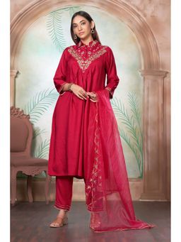 BulBul - Himawari Muslin Red Kurta and Pant with Dupatta (Set of 3)