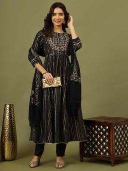 Rama's - Women Black Ethnic Embroidered Kurta with Pant and with Dupatta (Set of 3)
