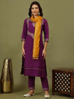 Rama's - Women Purple Embroidery Kurta with Pant Dupatta (Set of 3)