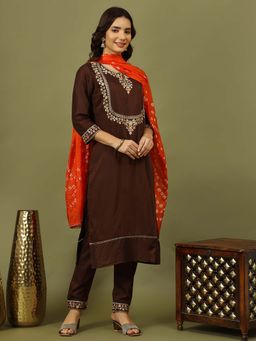 Rama's - Women Brown Embroidery Kurta with Pant Dupatta (Set of 3)