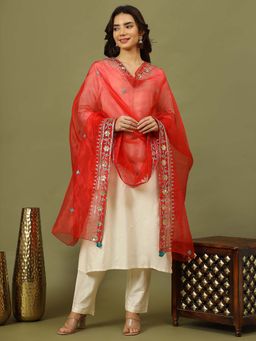Rama's - Women Off White Straight Kurta and Pant with Dupatta (Set of 3)