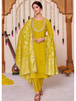 BulBul - Sehmat Yellow Muslin Kurta and Pant with Dupatta (Set of 3)