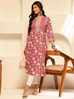 Vbuyz - Floral Print Straight Dark Pink Stitched Kurta