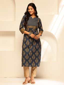 Vbuyz - Floral Printed Straight Cotton Blue Stitched Kurta