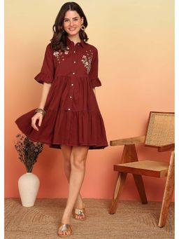 Vbuyz - Crimson Red Solid Flare Cotton Stitched Dress
