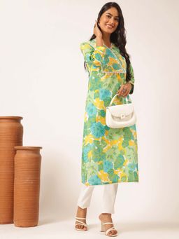 Vbuyz - Light Green Floral Printed Straight Cotton Stitched Kurta