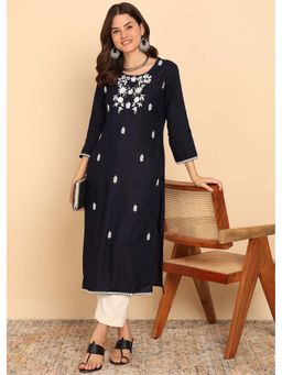 Vbuyz - Black Solid Straight Rayon Stitched Kurta