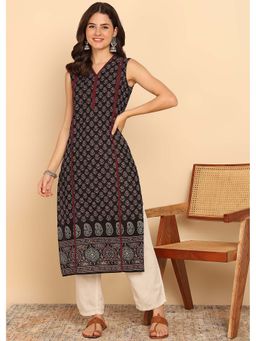 Vbuyz - Black Floral Printed Straight Cotton Stitched Kurta