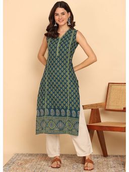 Vbuyz - Green Floral Printed Straight Cotton Stitched Kurta