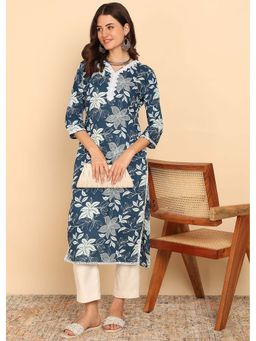 Vbuyz - Blue Floral Printed Straight Cotton Stitched Kurta