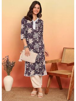 Vbuyz - Purple Floral Printed Straight Cotton Stitched Kurta