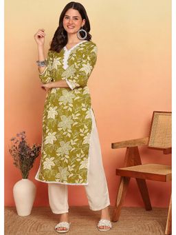 Vbuyz - Green Floral Printed Straight Cotton Stitched Kurta