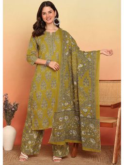 Vbuyz - Mahendi Green Floral Printed Cotton Kurta and Palazzo with Dupatta (Set of 3)
