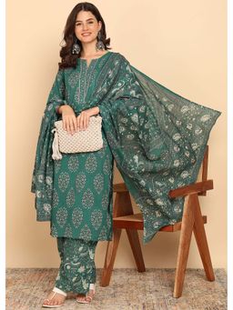 Vbuyz - Peacock Floral Printed Cotton Kurta and Palazzo with Dupatta (Set of 3)