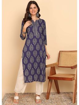 Vbuyz - Blue Floral Printed Straight Cotton Stitched Kurta