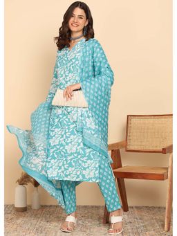 Vbuyz - Sky Blue Floral Printed Straight Cotton Stitched Kurta, Pant with Dupatta (Set of 3)