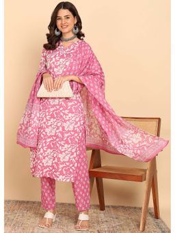 Vbuyz - Pink Floral Printed Straight Cotton Stitched Kurta, Pant with Dupatta (Set of 3)